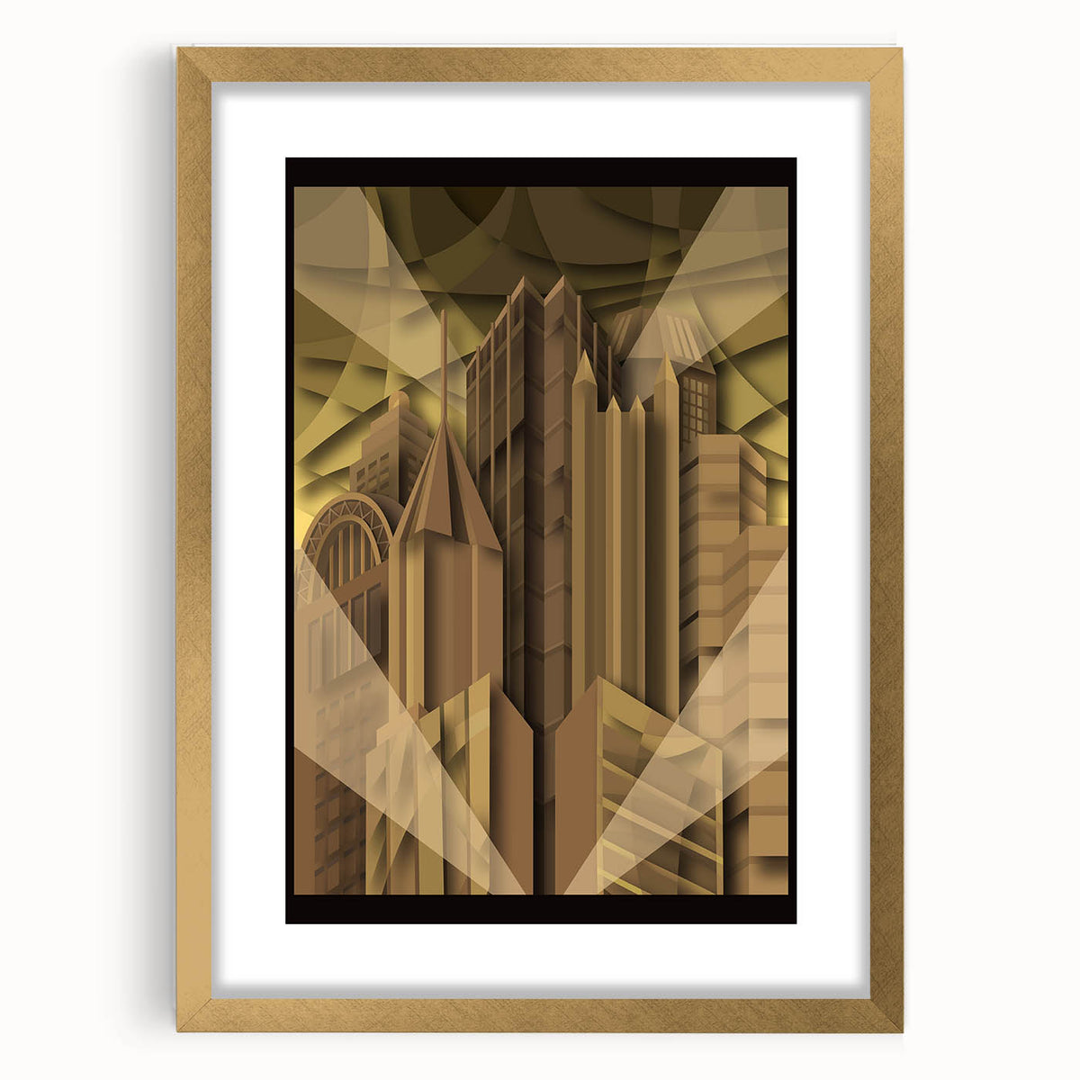 Extra large abstract art print of Pittsburgh skyline in textured gold frame, ideal for living room decor.