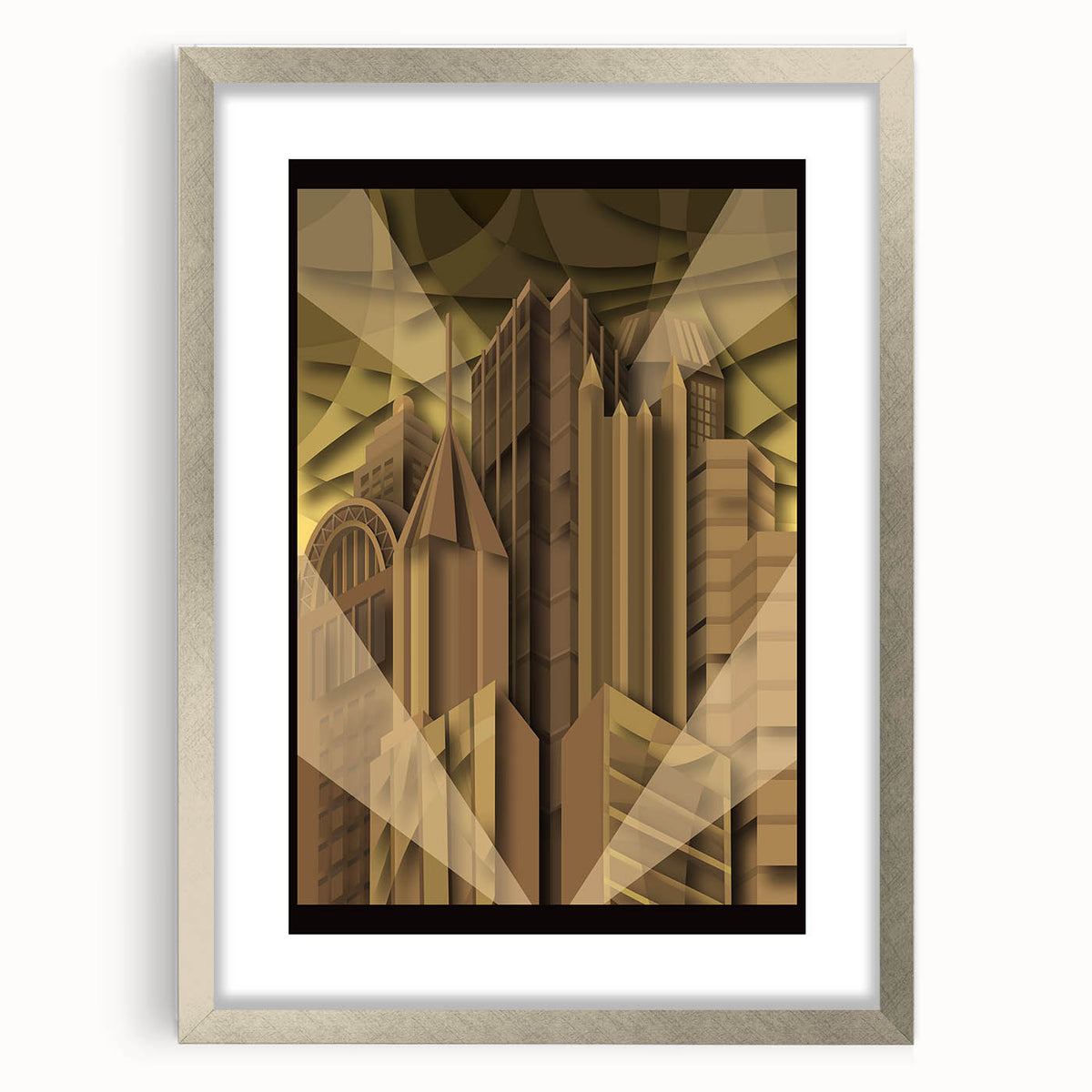 Textured art print of Pittsburgh skyline in muted gray and blue tones on a framed silver mat, suitable for bedroom decor.