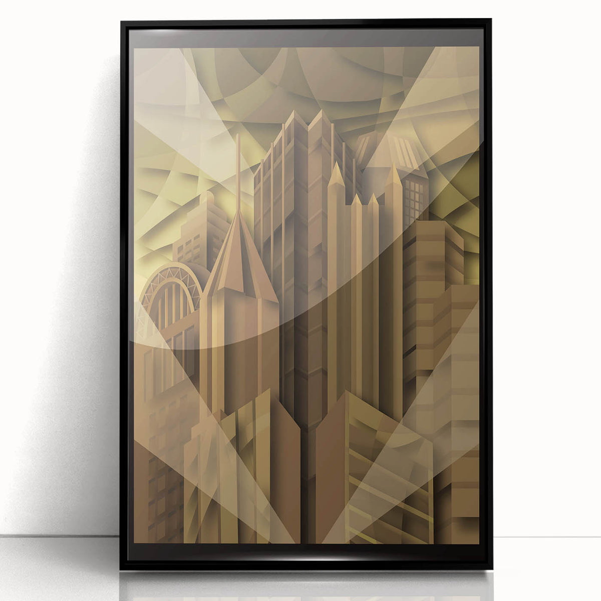 Large abstract wall art depicting the Pittsburgh skyline in muted black and gray, acrylic print in a black frame.