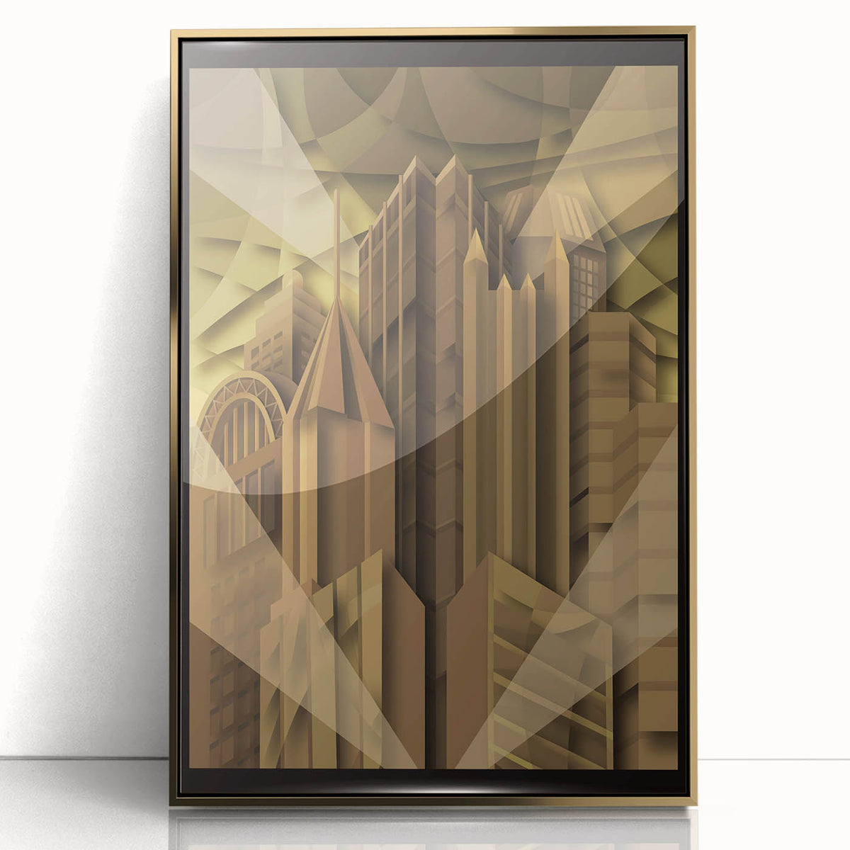 Framed acrylic print of Pittsburgh skyline in muted gold and gray tones, ideal for modern art wall decor.