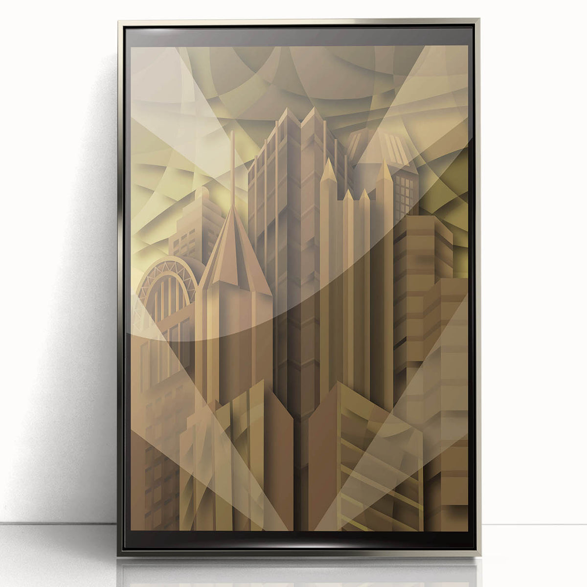 Mid-century modernist art featuring the Pittsburgh skyline in muted gray tones, framed in silver acrylic.
