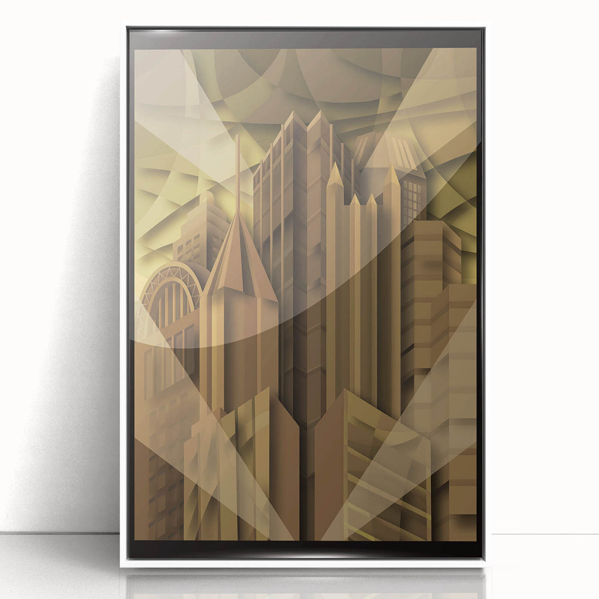 Framed acrylic print of Pittsburgh skyline in art deco style with a muted color palette.
