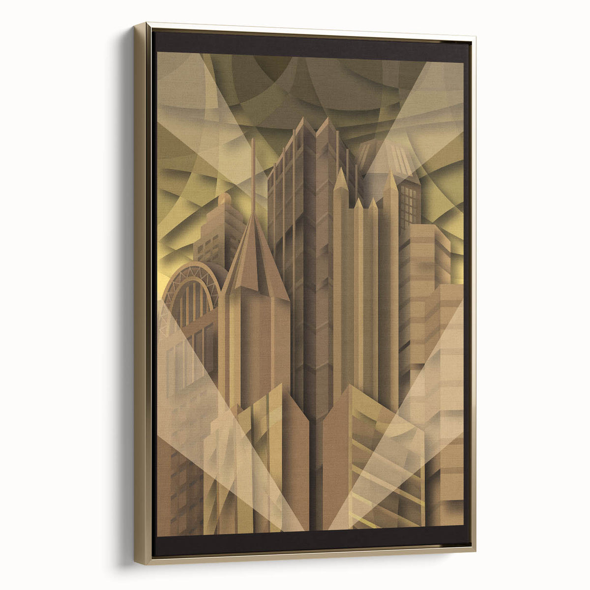 Framed canvas featuring a vintage-style Pittsburgh landscape in muted gold and black tones, ideal for bedroom wall art.