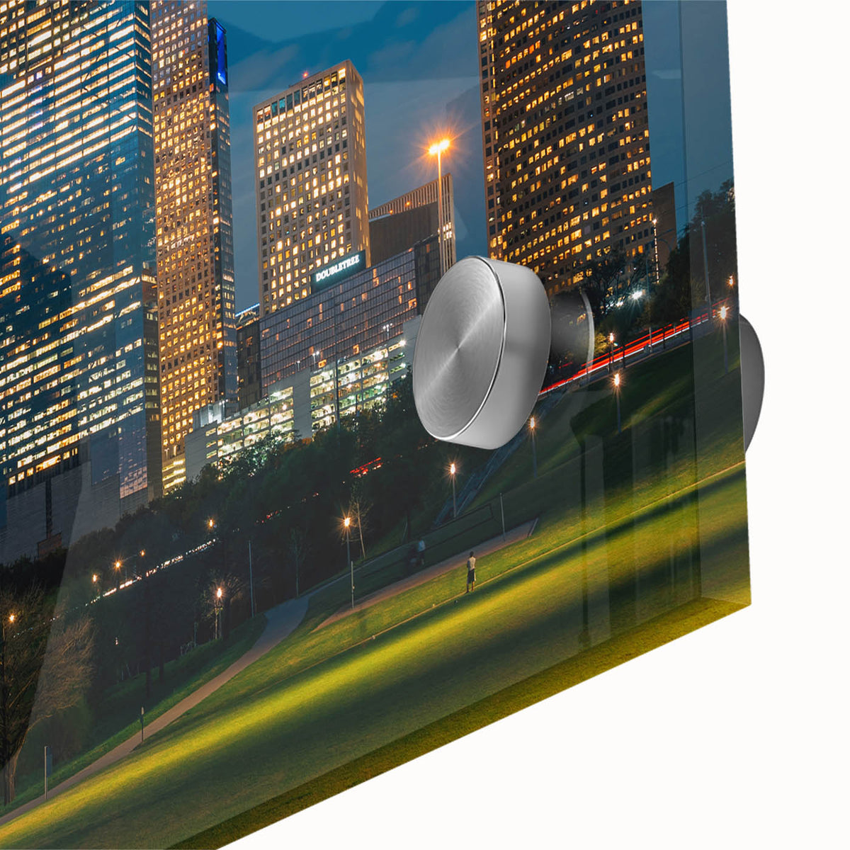 Large abstract wall art of Houston skyline in muted earth tones on acrylic glass, ideal for dining room ambiance.
