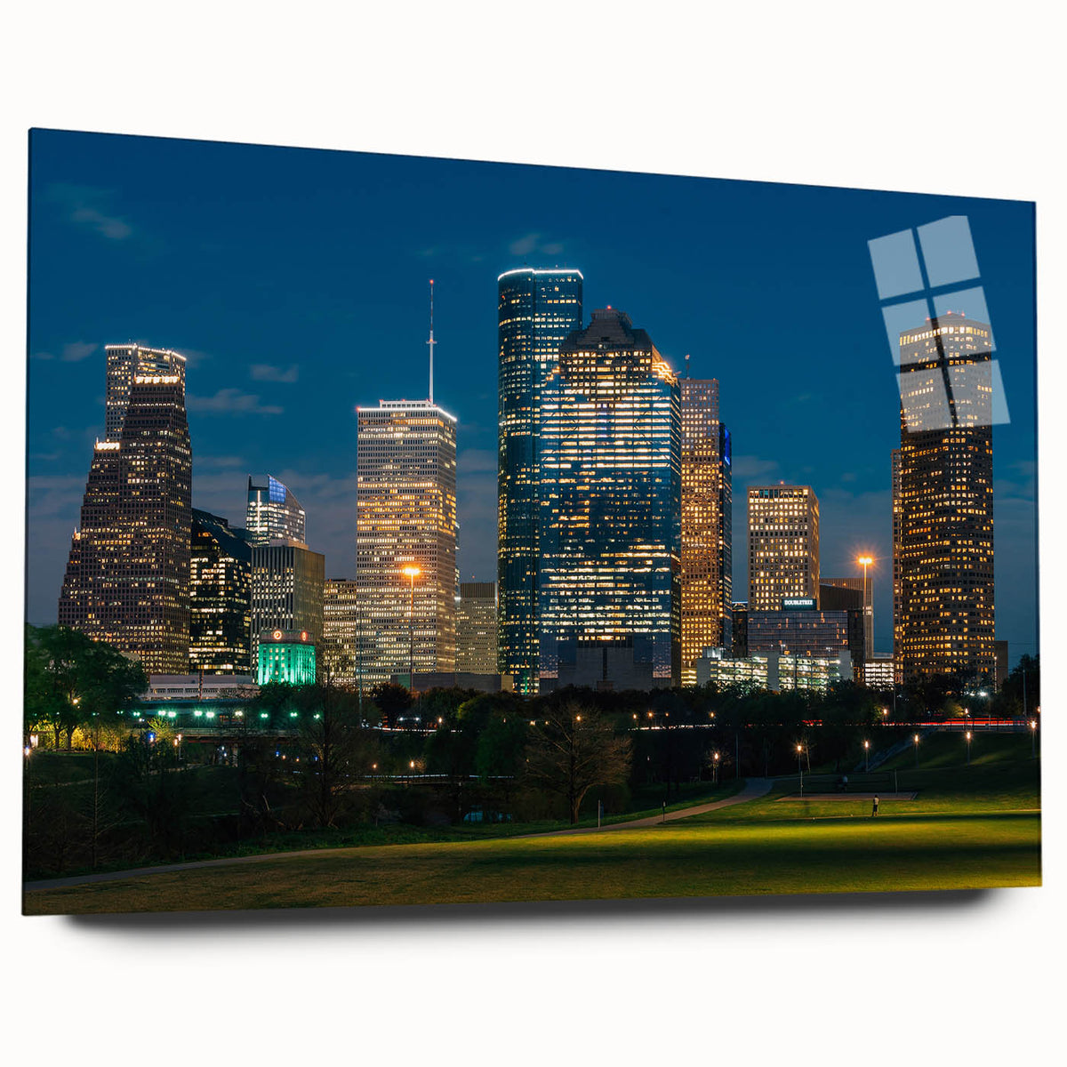 Acrylic print of large abstract Houston skyline in muted gray and blue tones, ideal for bedroom or dining room art.