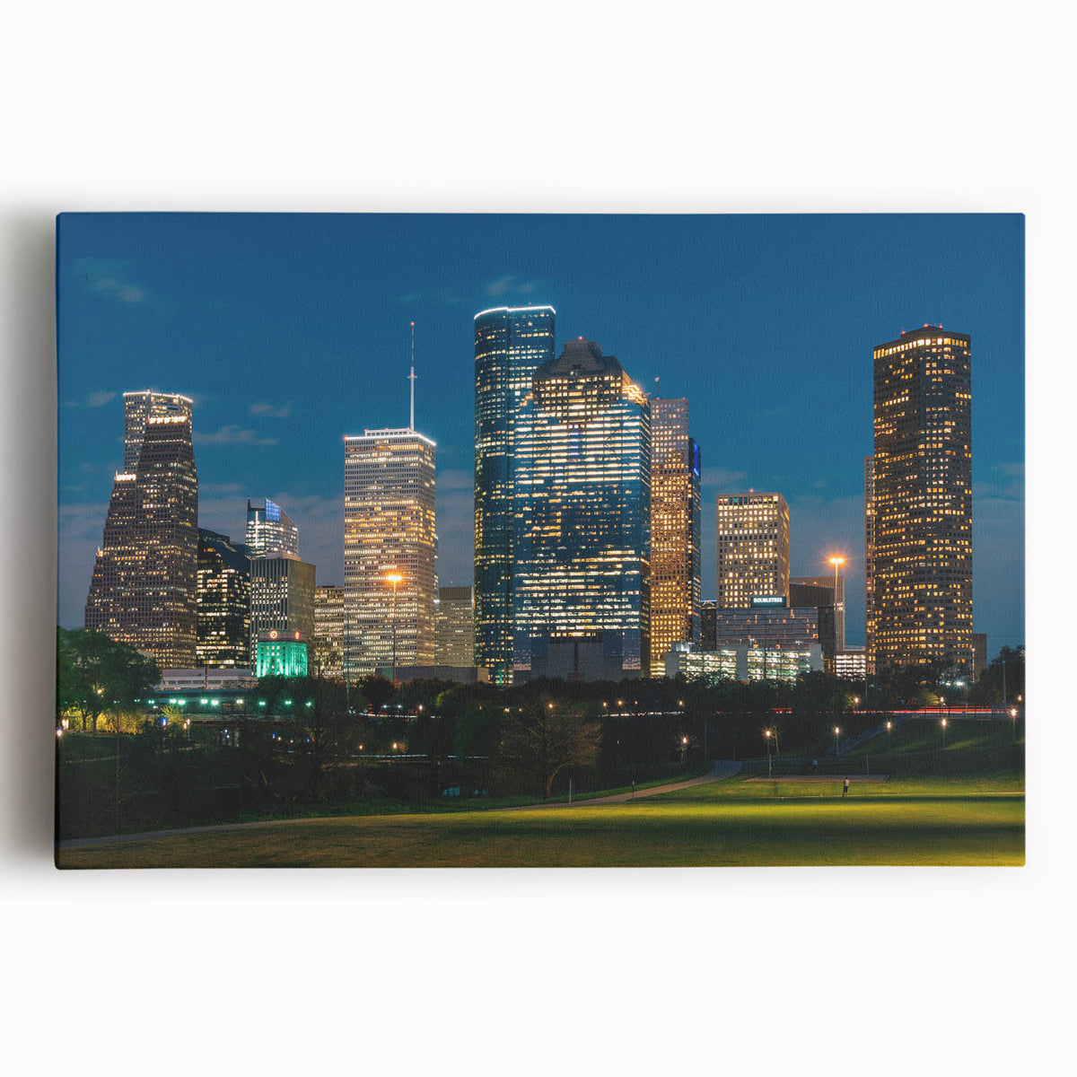 Black and white panoramic view of Houston skyline on large stretched canvas, suitable for kitchen wall art.