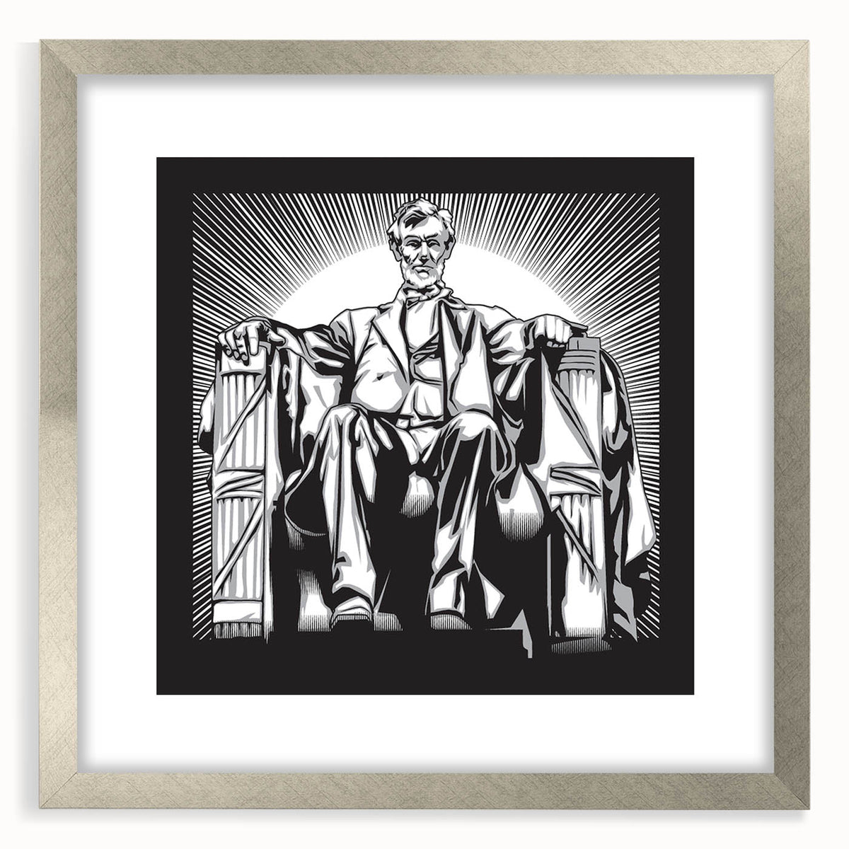 Textured abstract print of the Washington DC skyline in muted gray and silver tones, framed with a silver mat.