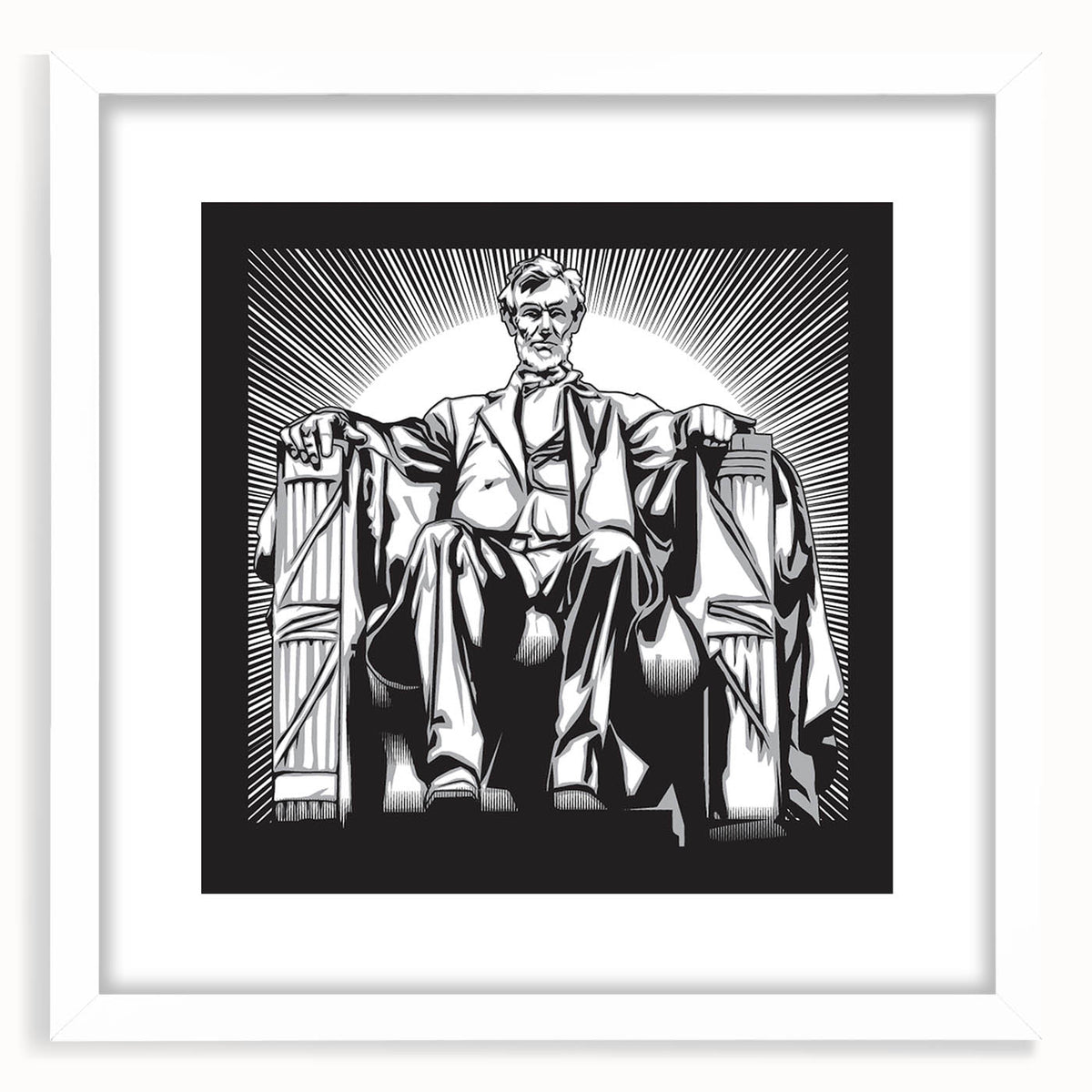 Abstract art print of the Washington DC skyline in muted gray tones on a framed white canvas.