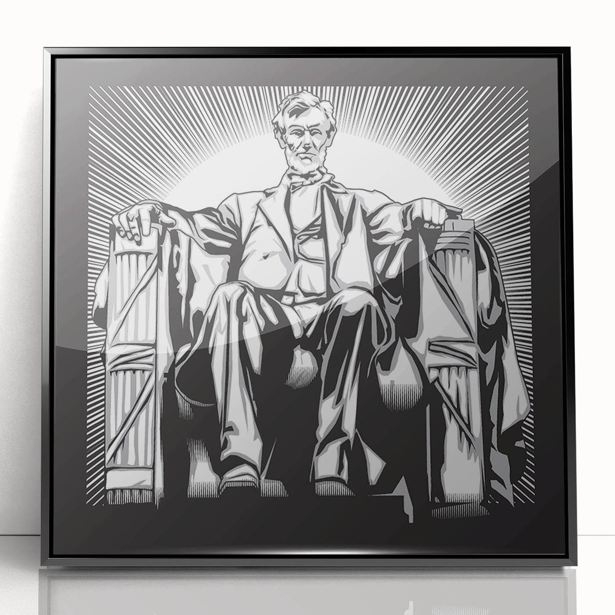 Art deco poster of Lincoln Memorial in muted grays and blacks, framed acrylic, suitable for modern art wall decor.