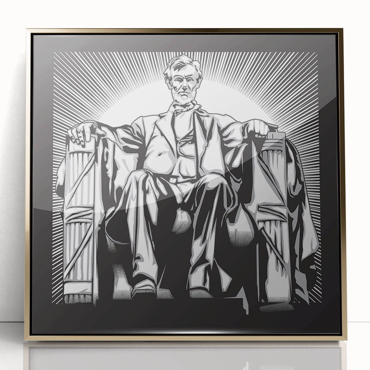 Large abstract wall art depicting the Lincoln Memorial in muted gold and white tones, framed acrylic.