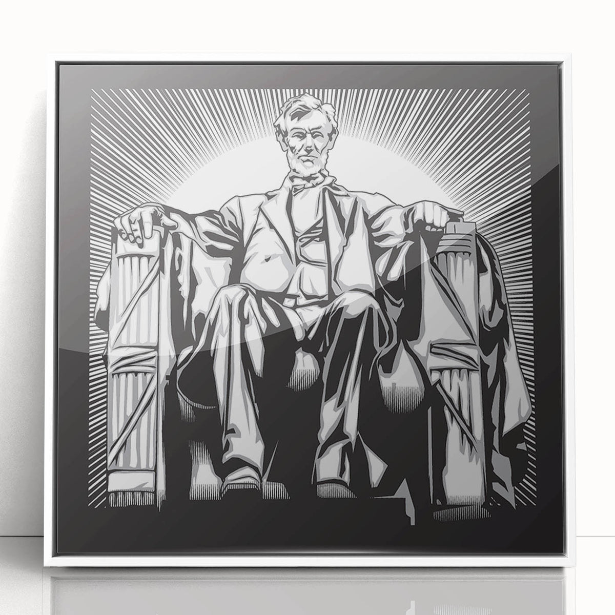 Mid-century modernist art of the Lincoln Memorial in muted grays and whites on framed acrylic, ideal for nursery wall art.