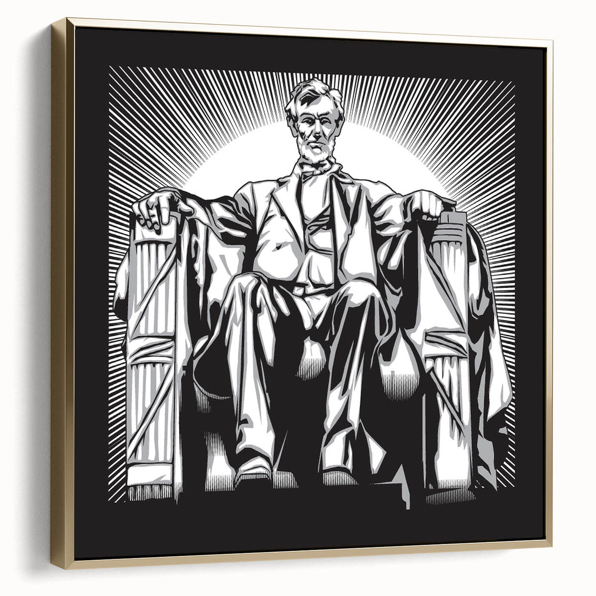 Framed canvas wall art depicting the Lincoln Memorial with a vintage poster style in silver and gold tones.