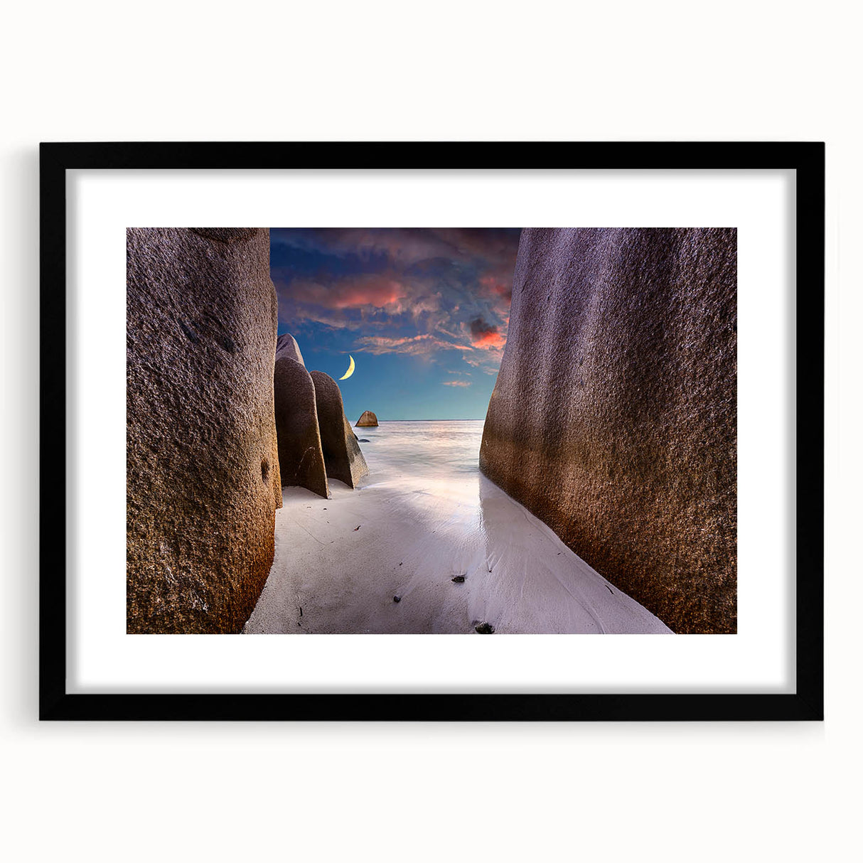 Extra large abstract art print depicting a colorful, textured scene of Seychelles on a black framed canvas.