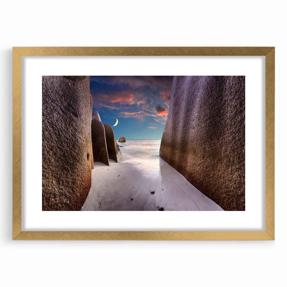 Extra large abstract art print of Seychelles scenery in muted earth tones, framed in gold with a mat.