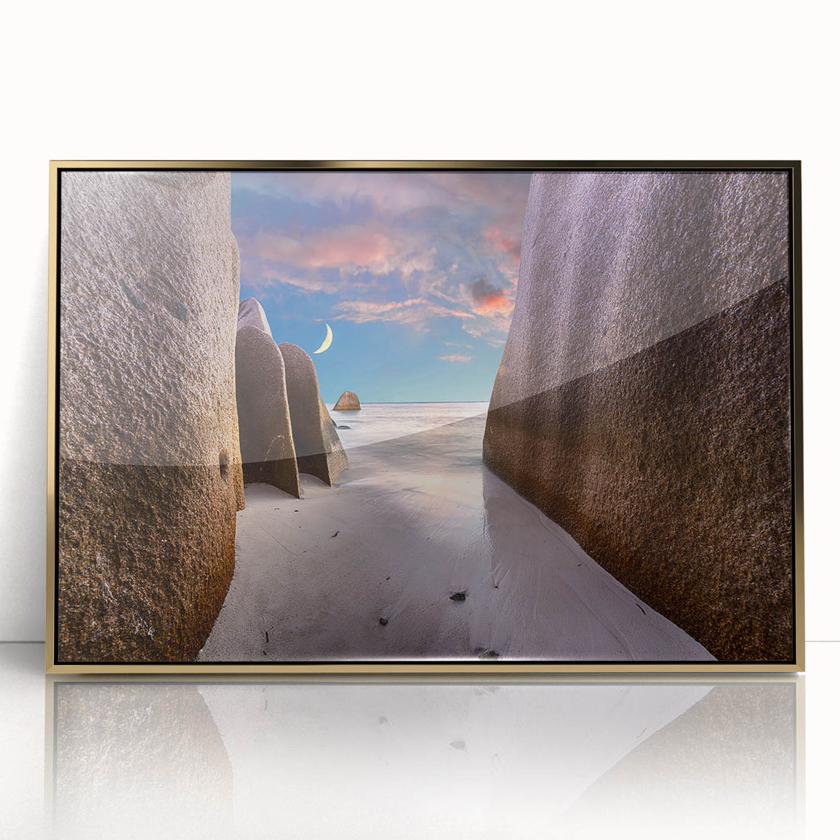 Framed acrylic print of a Seychelles landscape in gold tones, ideal for modern art wall decor.