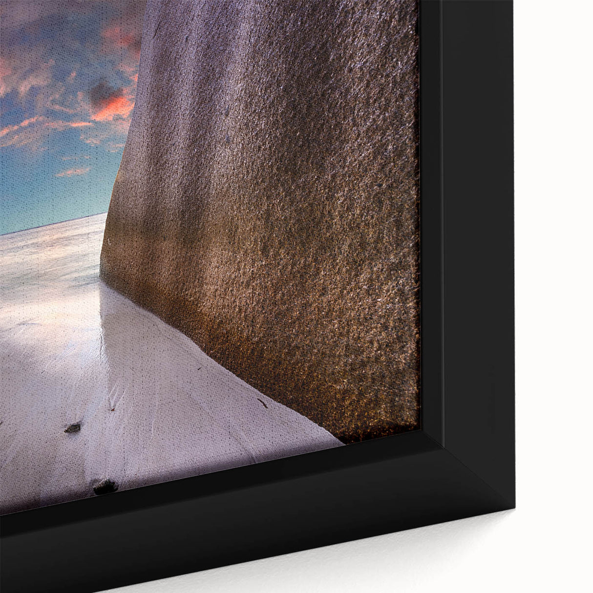 Extra large framed canvas featuring a textured depiction of the Seychelles landscape in black with colorful accents.