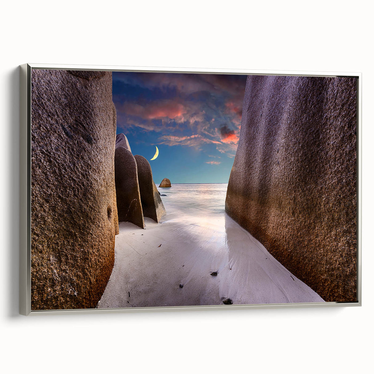 Framed canvas depicting a vibrant Seychelles landscape with lush greenery and blue waters, ideal for living room decor.