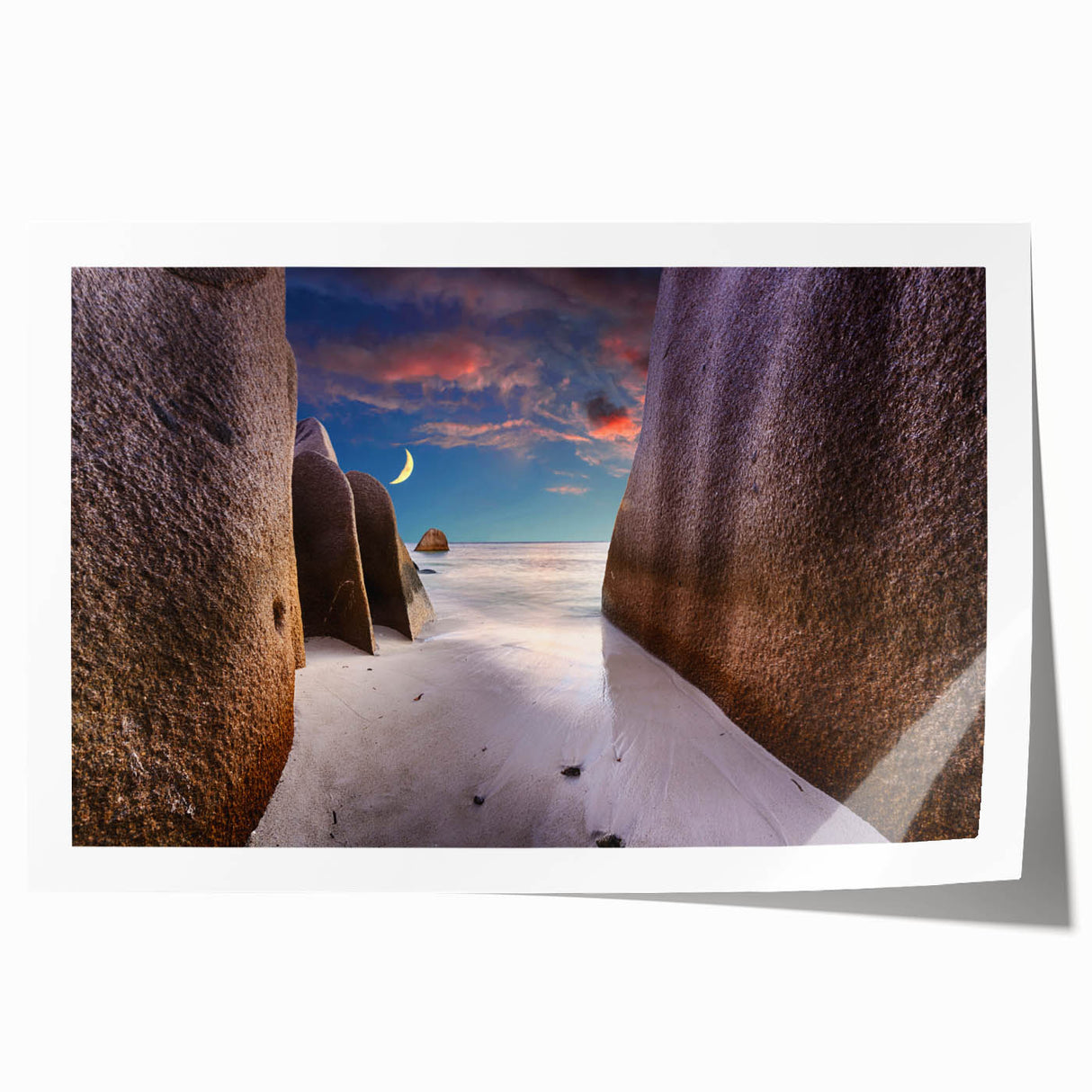 Extra large rolled print of Seychelles scenery with vibrant green and blue tones, ideal for dining room wall art.