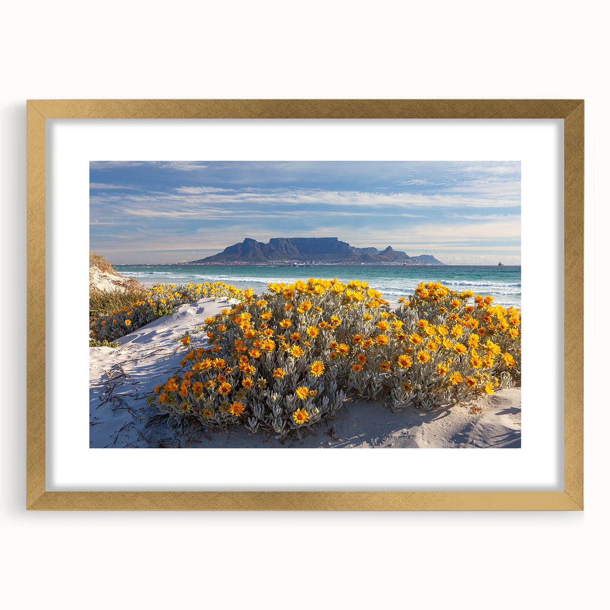 Extra large abstract art print of a textured African landscape in a gold frame, ideal for living room decor.