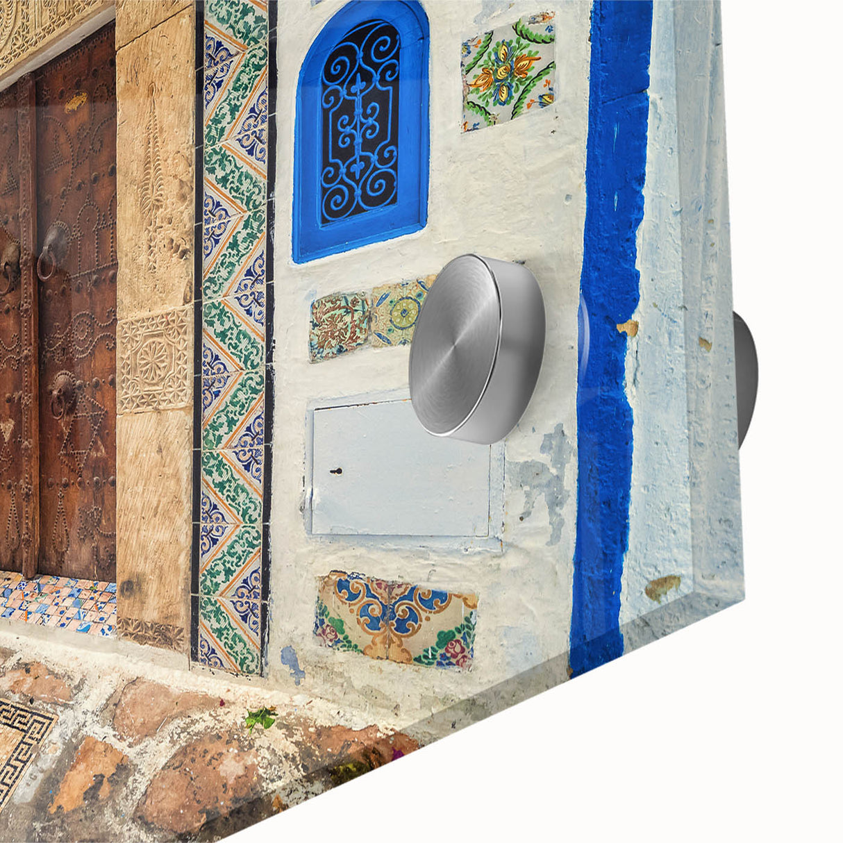 Large abstract wall art featuring a Tunisian landscape in muted earth tones on acrylic glass, suitable for dining room decor.