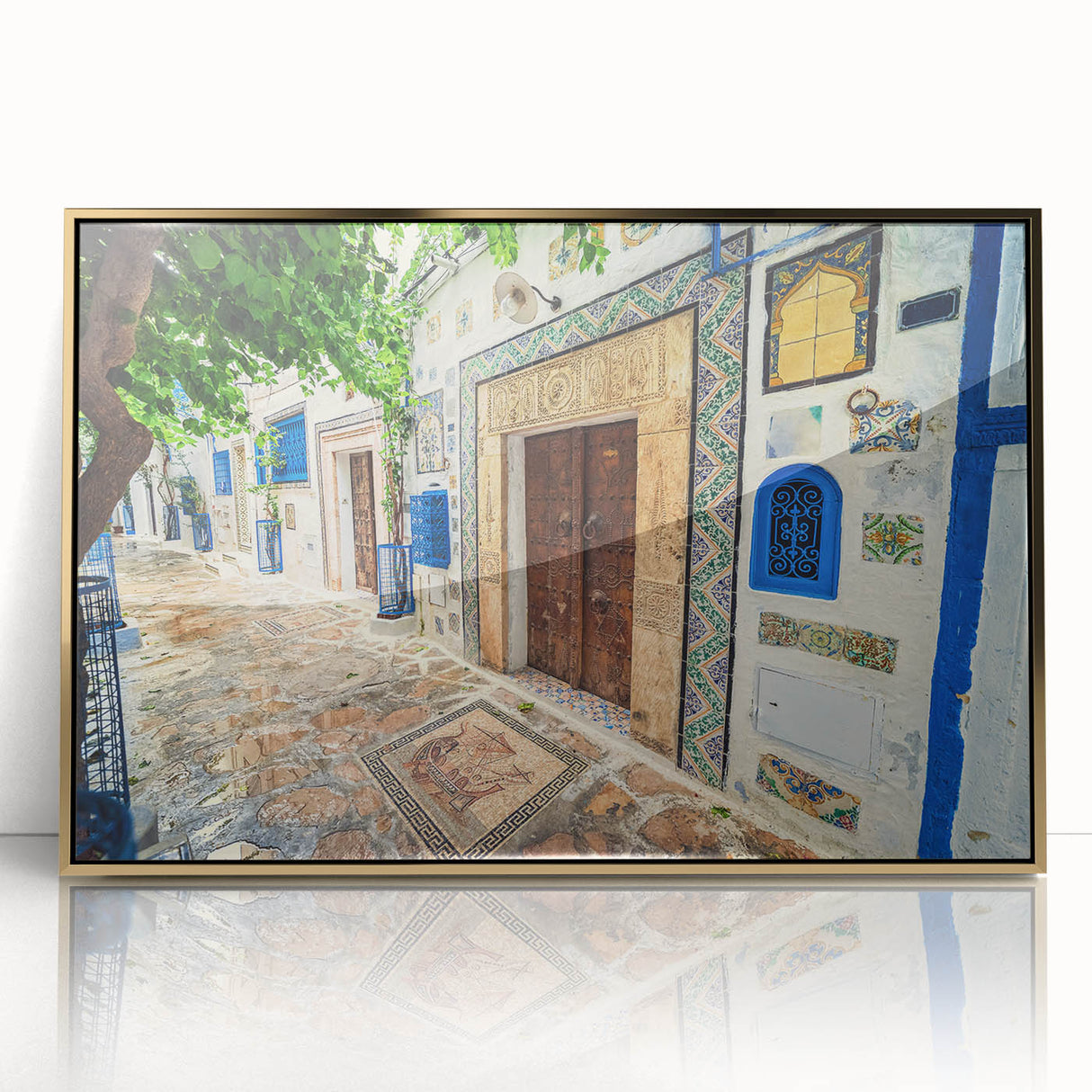 Framed acrylic print of a Tunisian landscape in gold and earth tones, ideal for modern art wall decor.