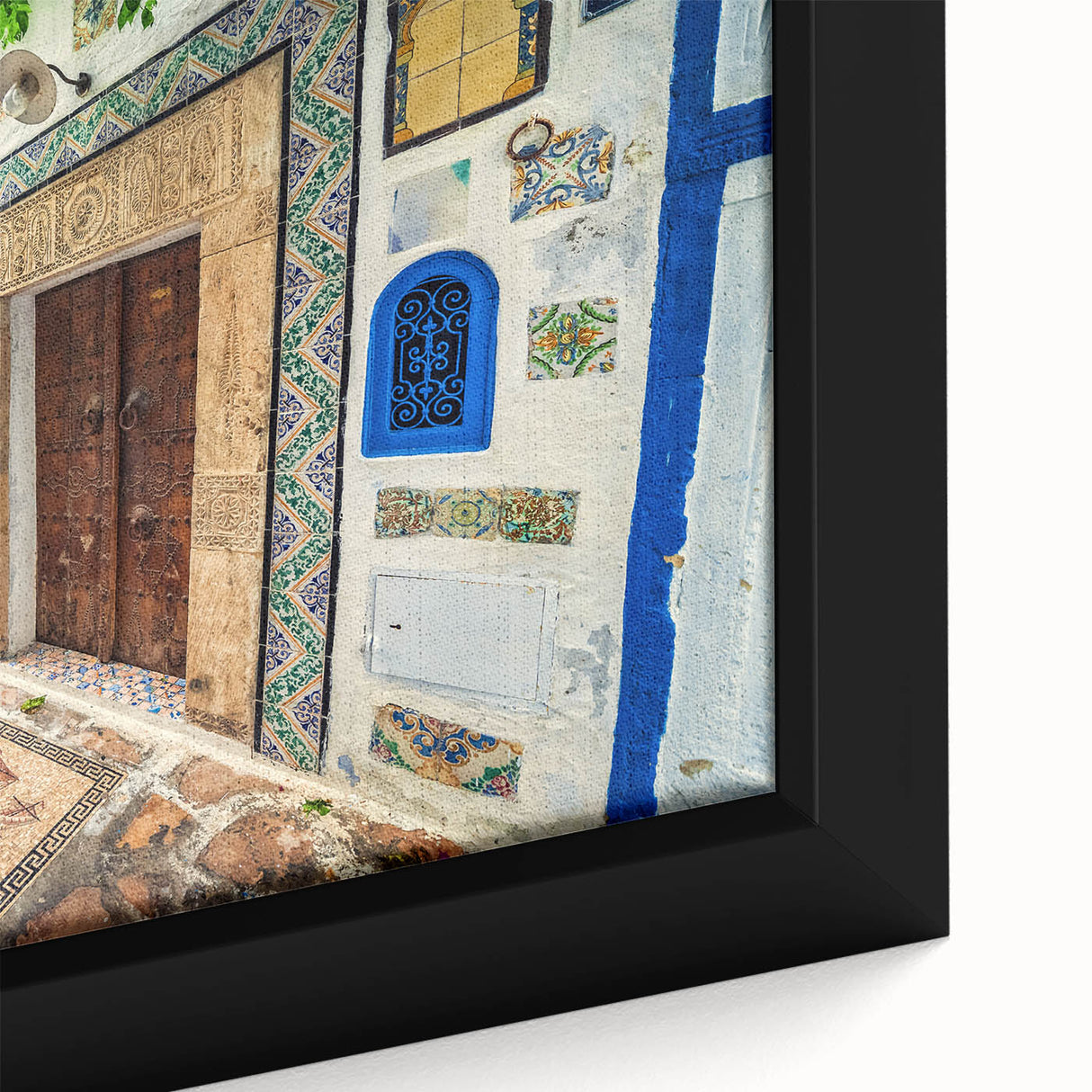 Extra large framed canvas of a textured, colorful African scenery in black, ideal for living room decor.