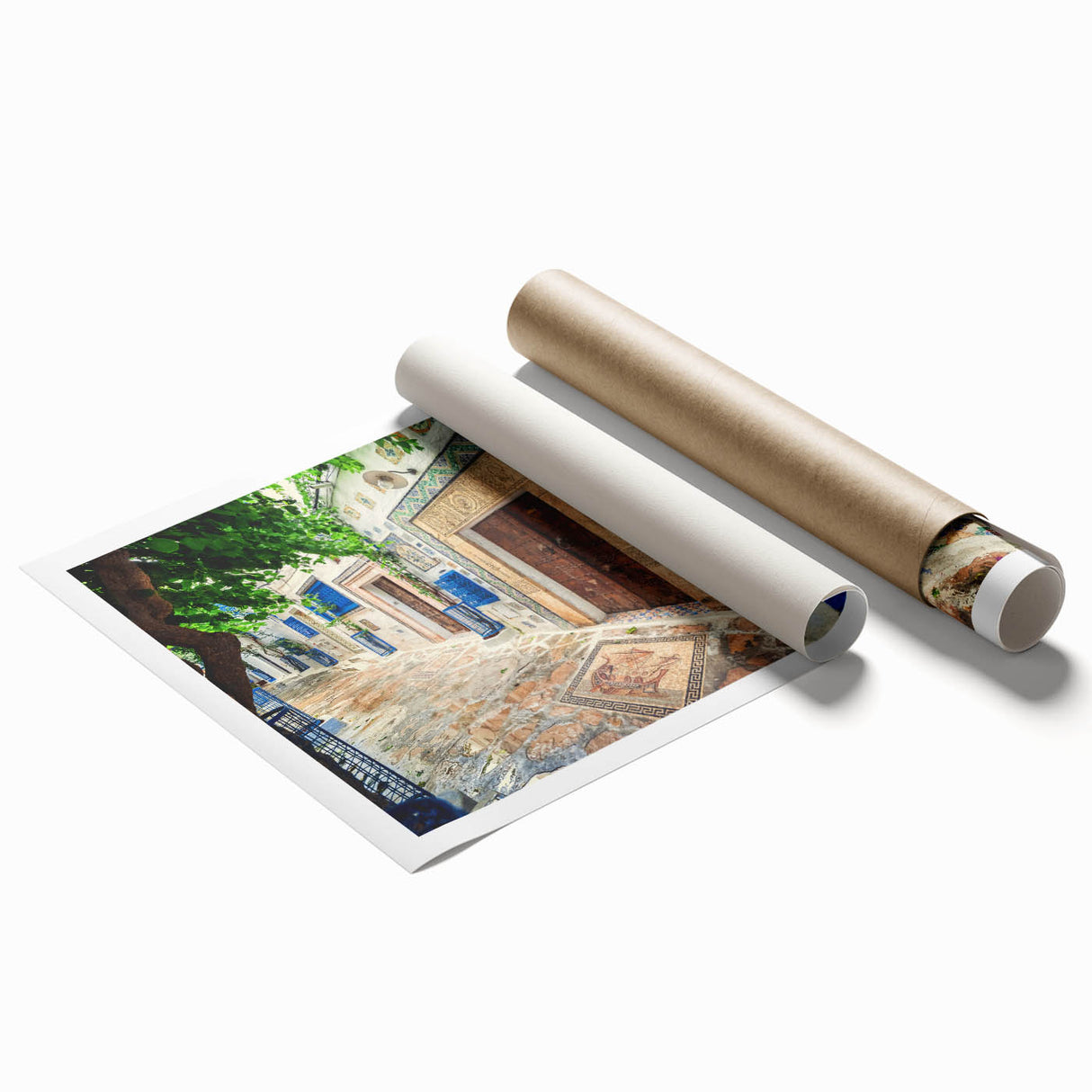Extra large rolled print featuring a scenic Tunisian landscape with floral elements in earth tones.