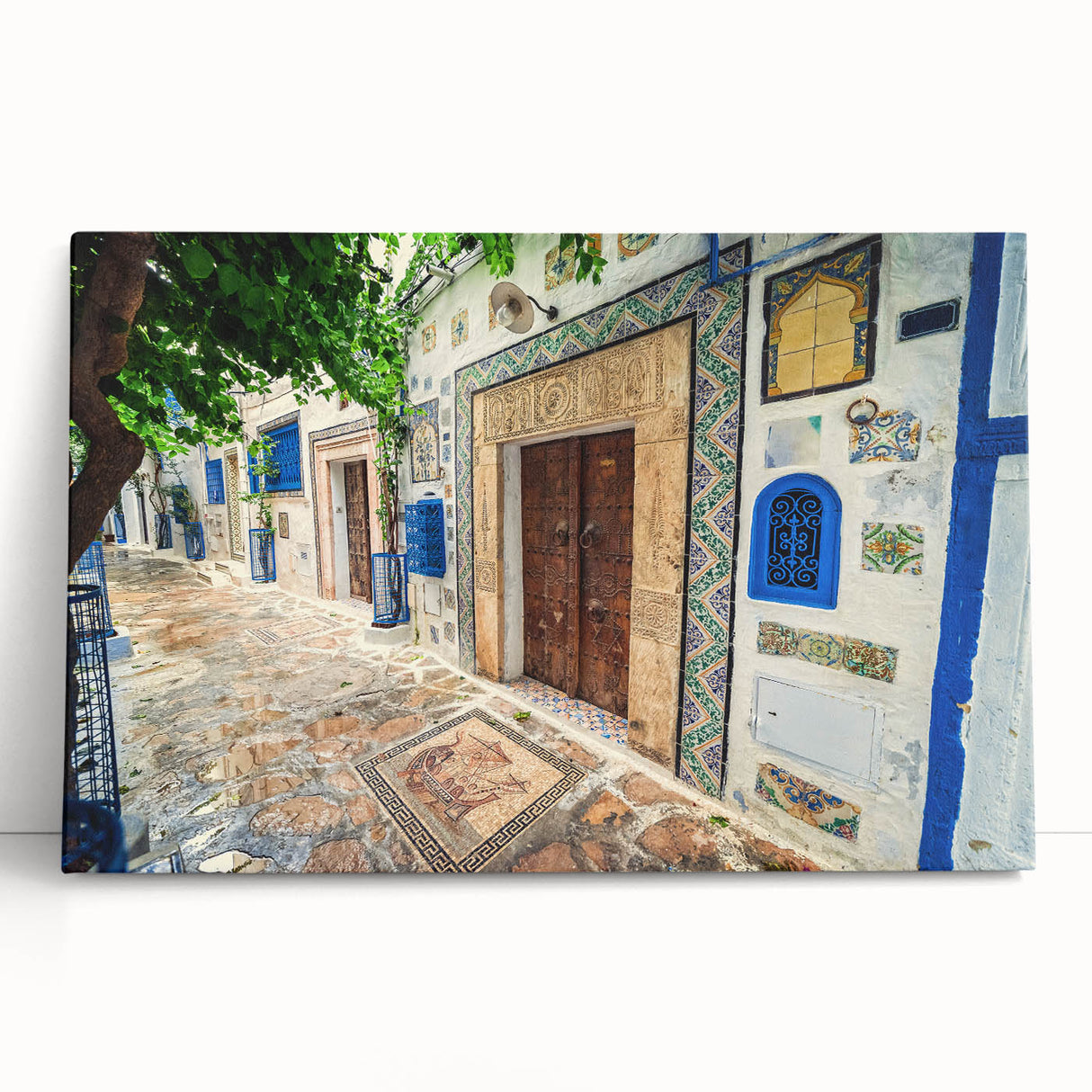 Black and white stretched canvas of Tunisian scenery, ideal for kitchen wall art or bedroom decor.
