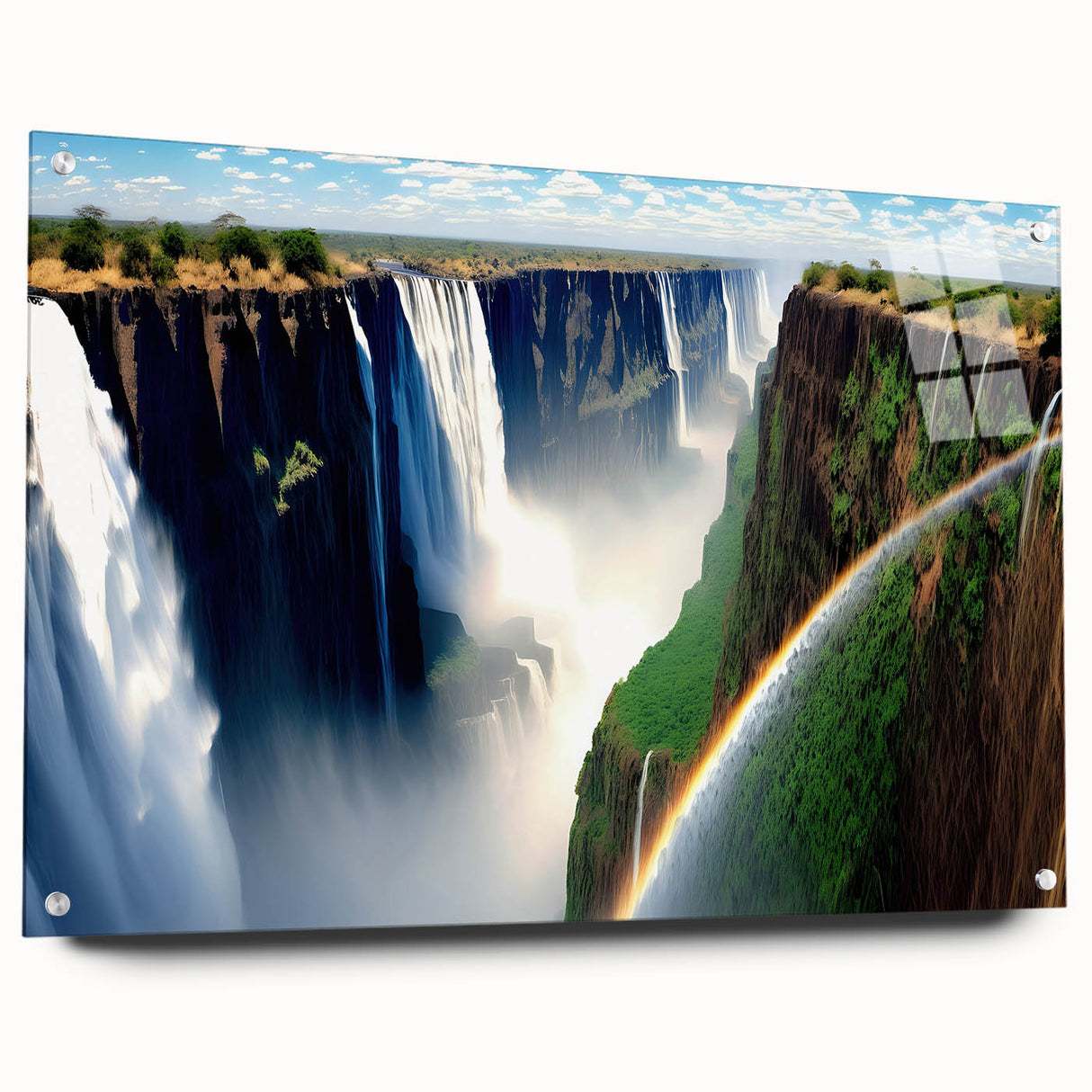 Acrylic print of a large abstract landscape in Zambia, with earthy tones and splashes of green, ideal for dining room decor.