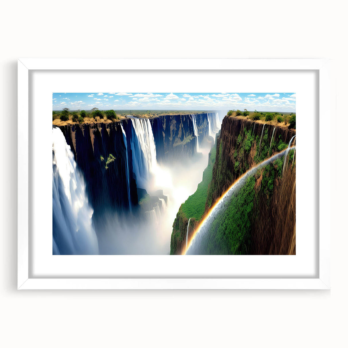 Abstract art print depicting an African landscape in muted earth tones on a framed white mat, ideal for dining room decor.