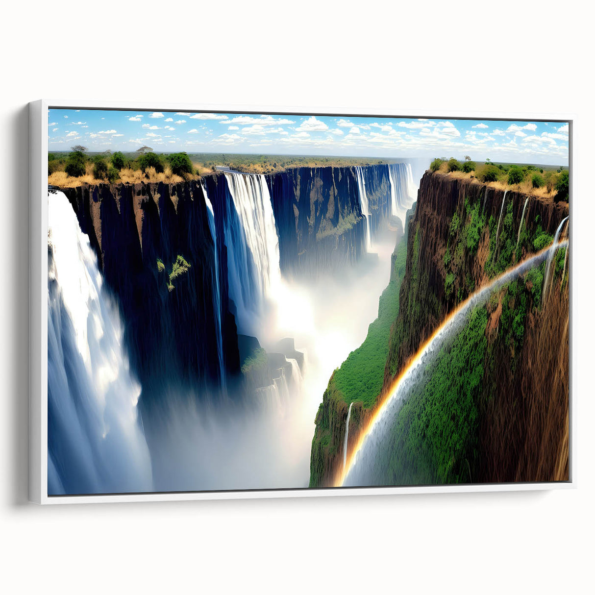 Vintage poster art of a Zambian scenery on framed canvas, featuring vibrant colors, ideal for living room decor.
