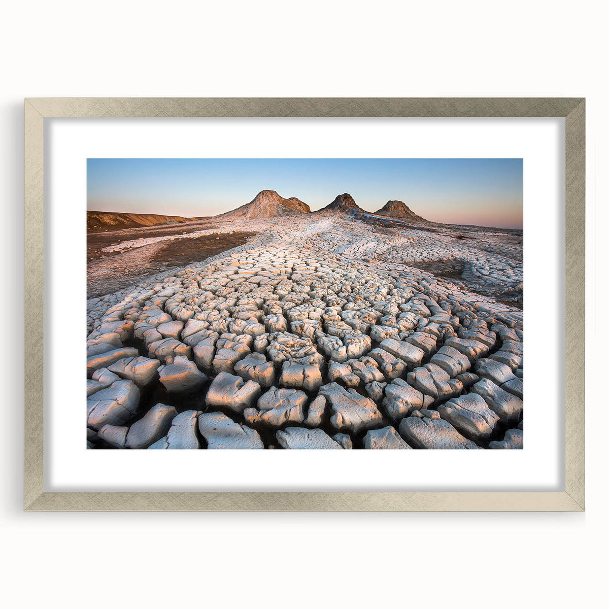 Textured abstract art print depicting a serene Azerbaijan landscape in muted earth tones, framed in silver.