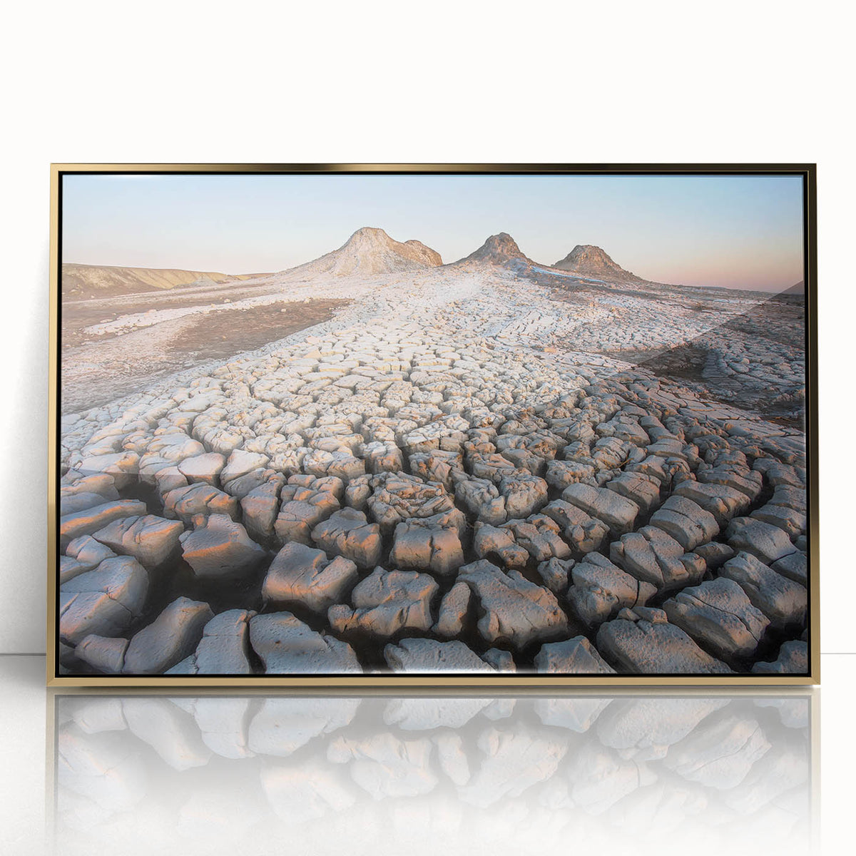 Acrylic print of an Asian-Azerbaijani landscape in muted gold tones, framed, ideal for modern art wall decor.