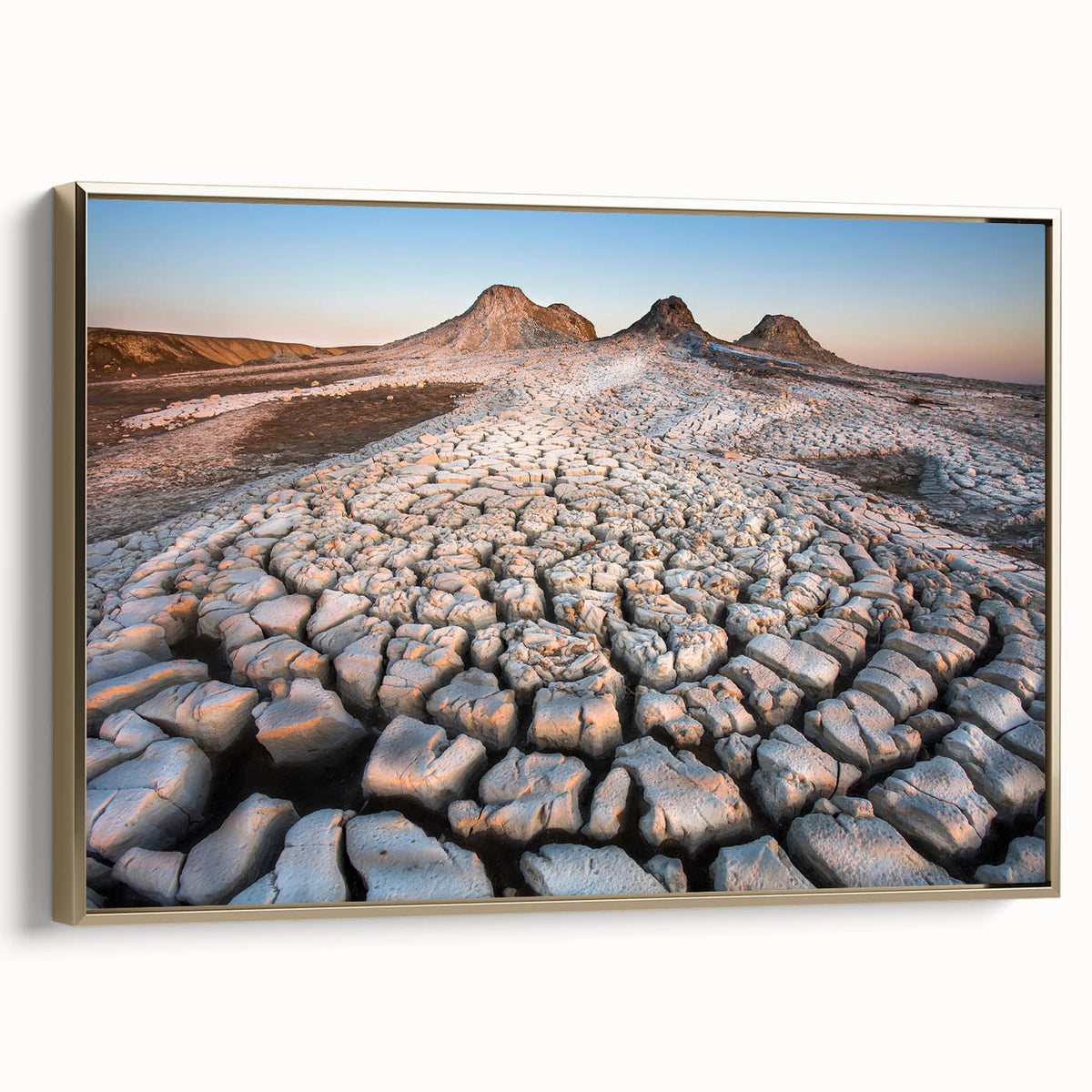 Framed canvas wall art depicting a serene Azerbaijani landscape in muted gold and black tones, ideal for bedroom decor.