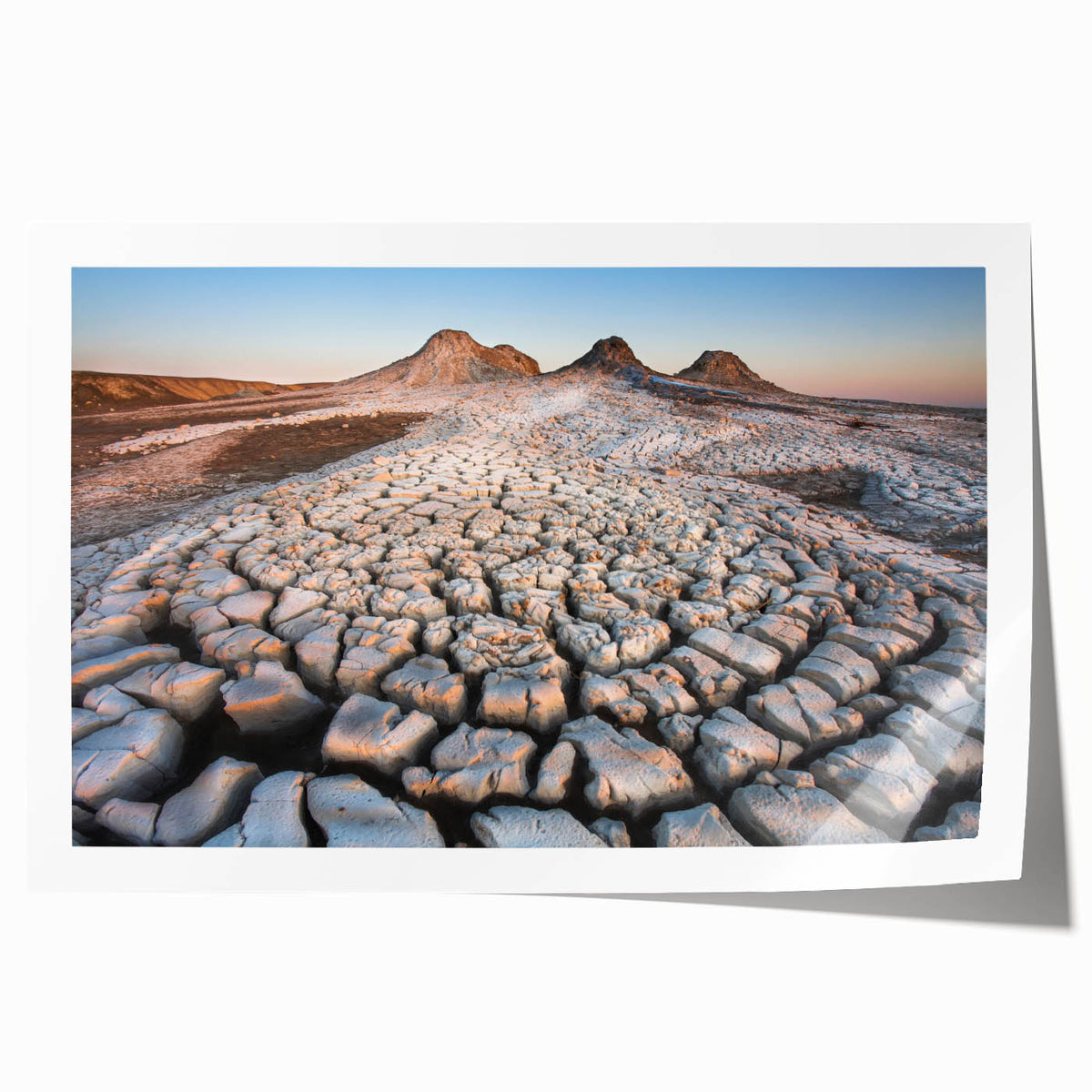Extra large wall art depicting a serene Azerbaijani landscape in soft pastel colors on a rolled canvas.
