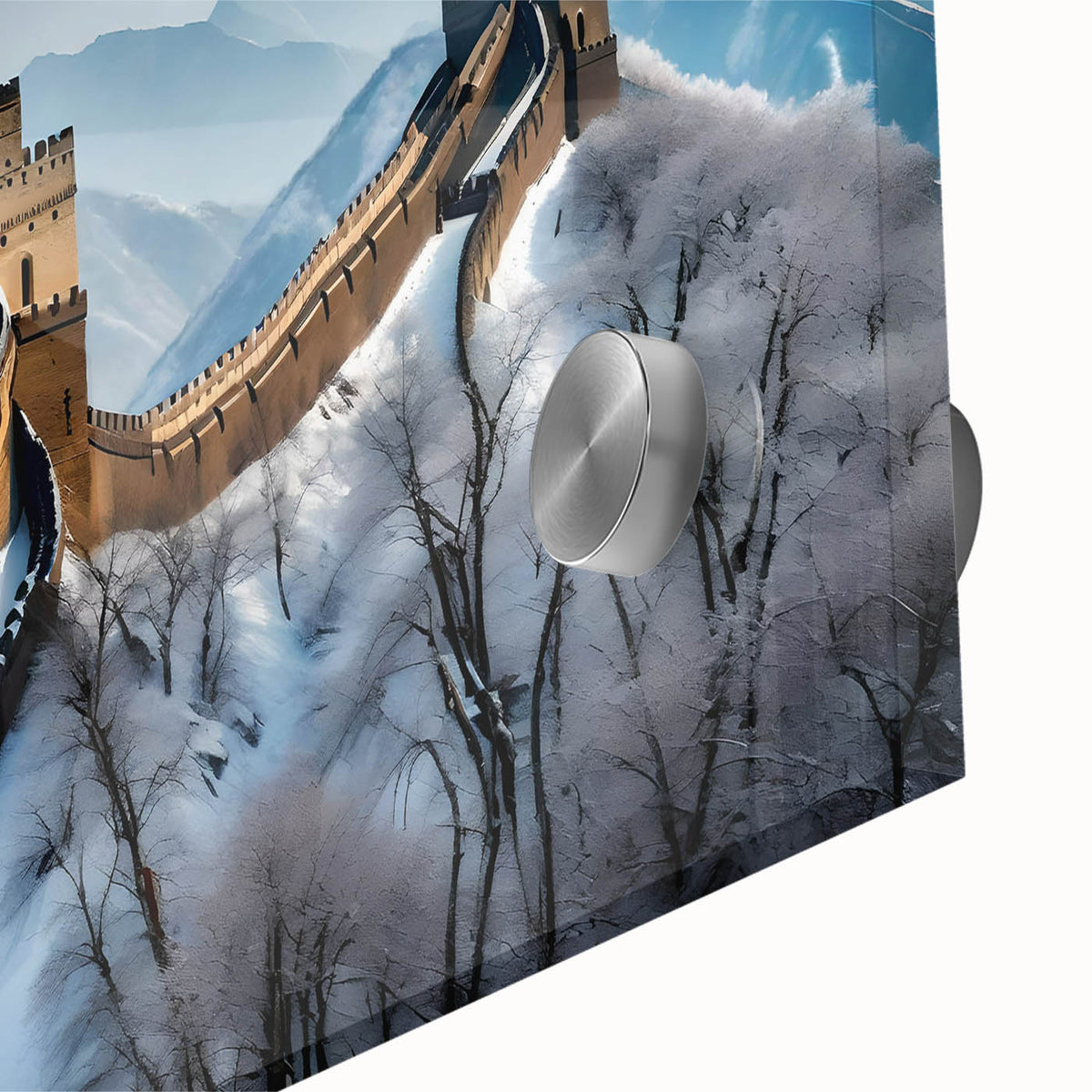 Mid-century modernist style acrylic print of the Great Wall of China in muted earth tones, ideal for dining room art.