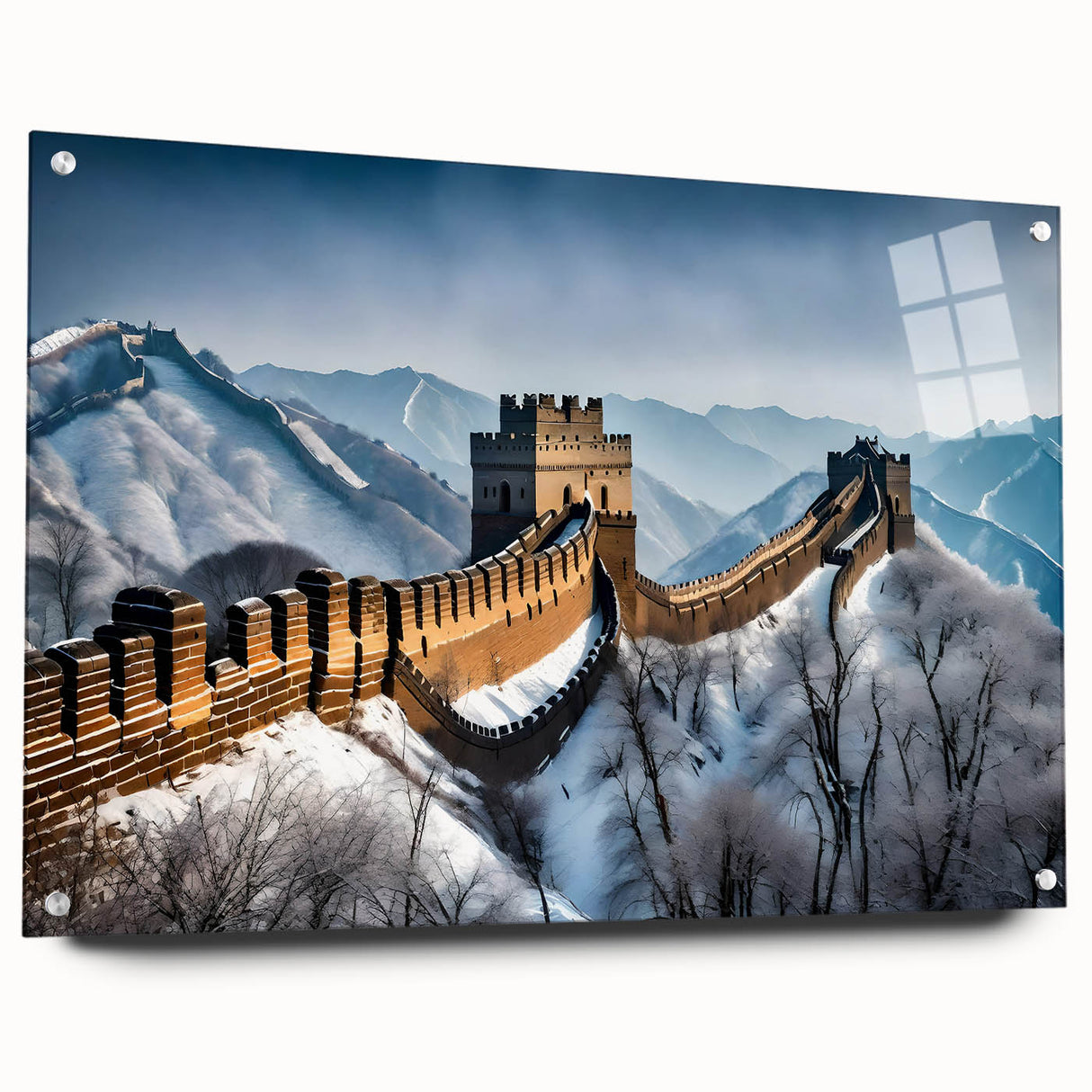 Acrylic print of the Great Wall of China in muted earth tones, ideal for bedroom or dining room decor.