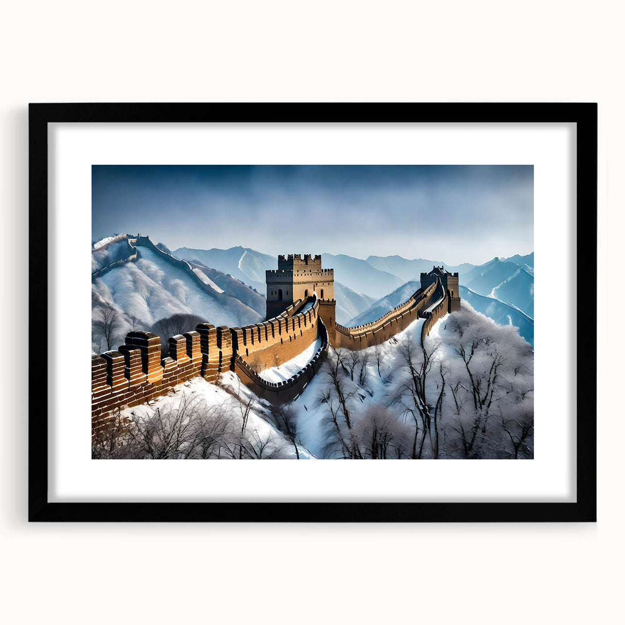 Extra large abstract art print of the Great Wall of China in colorful, textured strokes on a black framed canvas.