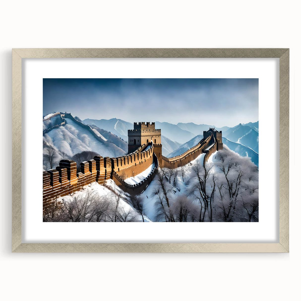 Textured art print depicting the Great Wall of China in muted earth tones on a framed canvas, suitable for bedroom decor.