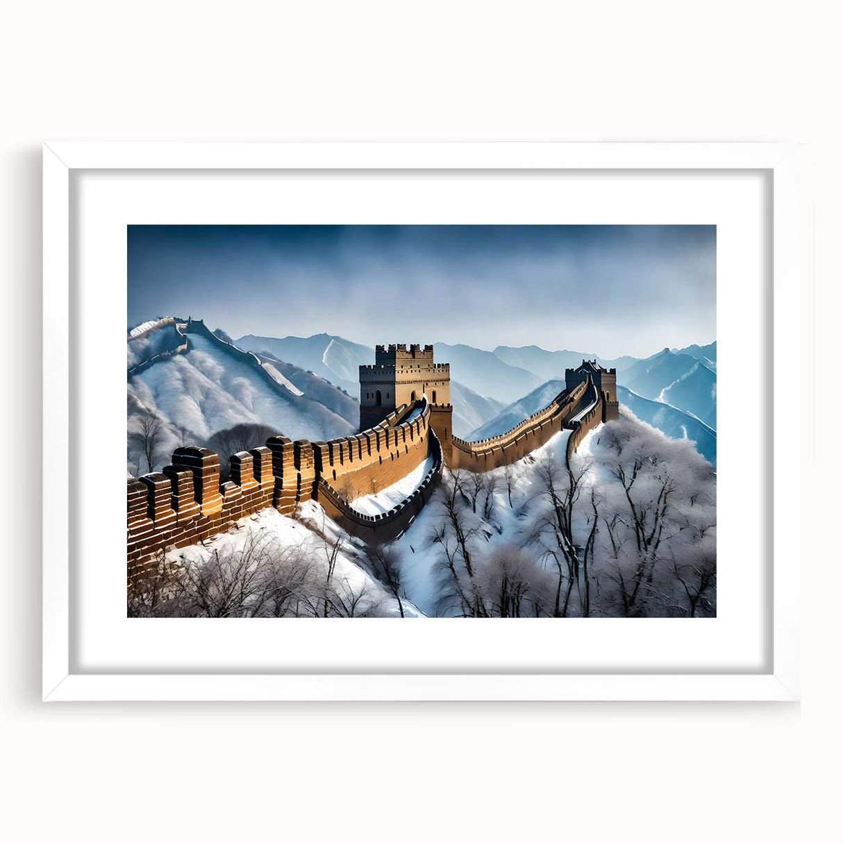 Abstract art print of the Great Wall of China in muted earth tones on a framed white canvas, ideal for dining room decor.