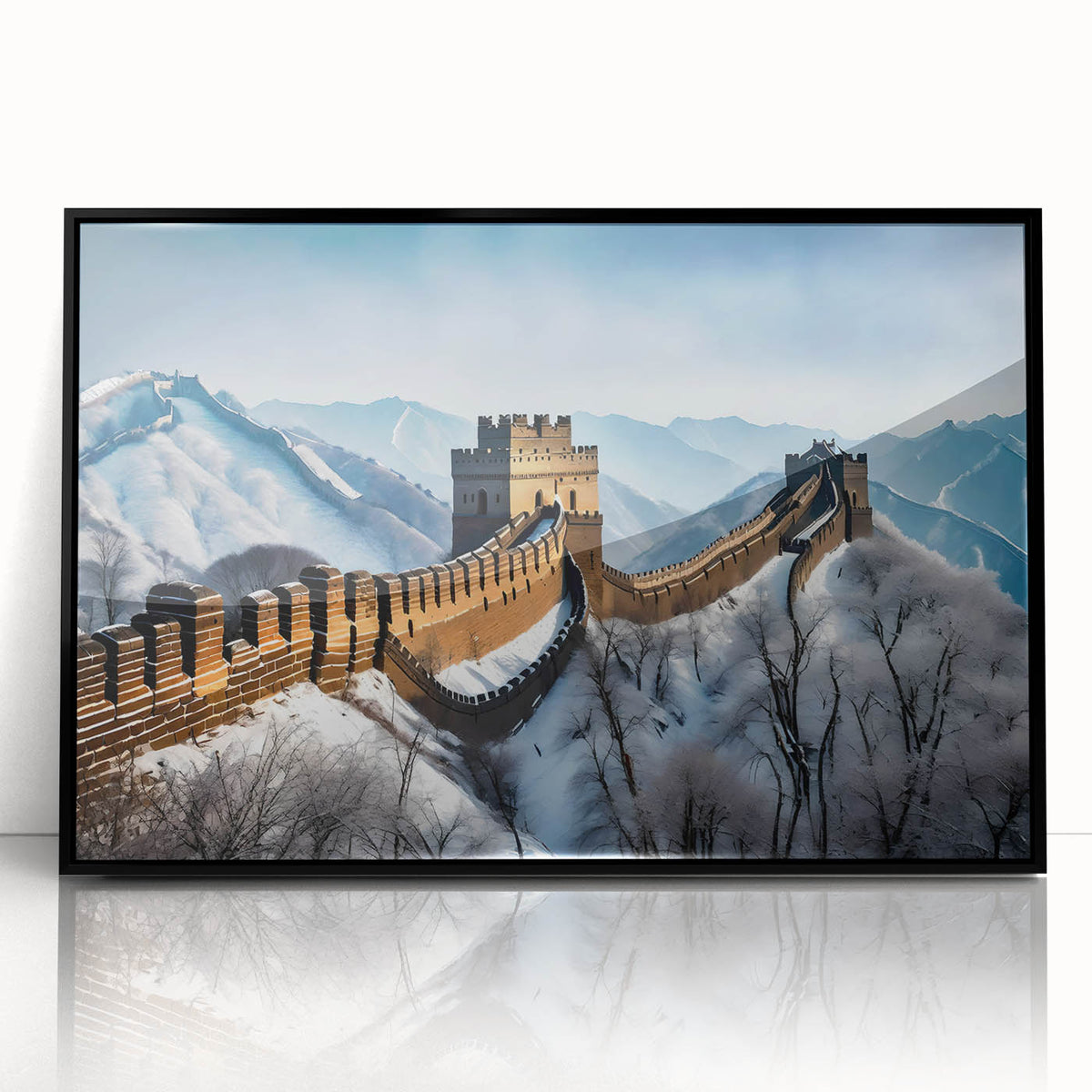 Large abstract wall art of the Great Wall of China in muted earth tones on a framed acrylic.