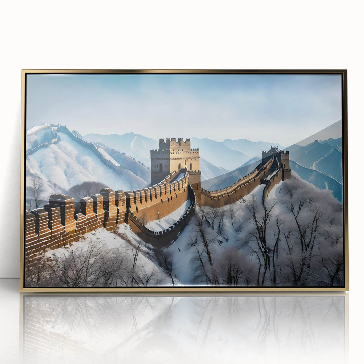 Acrylic print of the Great Wall of China in muted earth tones, framed in gold, reflecting mid-century modernist style.
