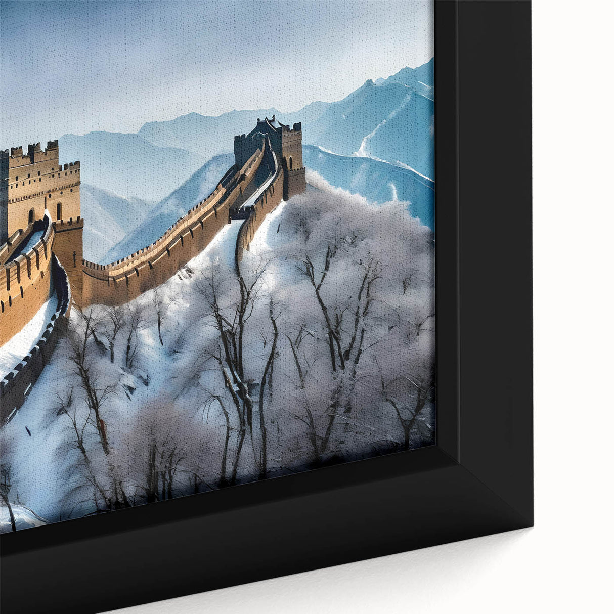 Extra large framed canvas of the Great Wall of China in black with colorful, textured art details.