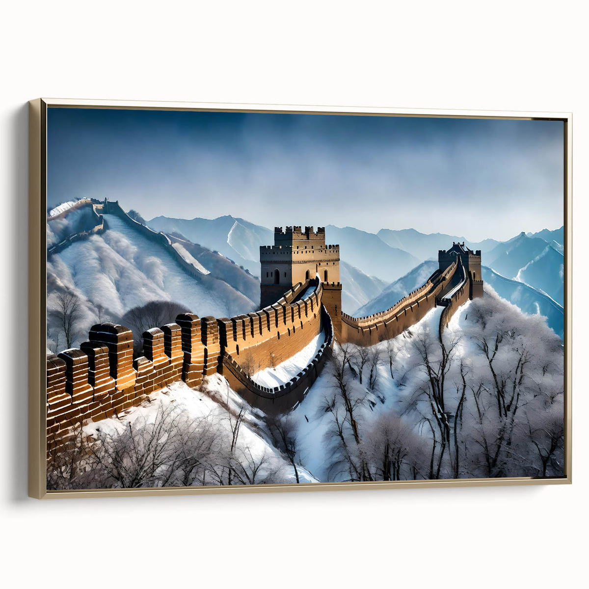 Framed canvas featuring a vintage-style landscape painting of the Great Wall of China in black and gold tones.