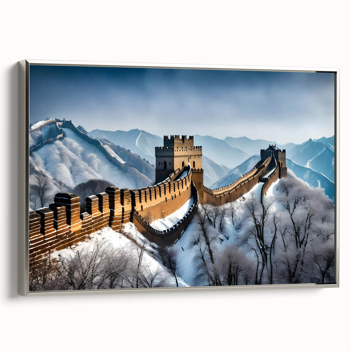Framed canvas featuring a vintage-style landscape painting of the Great Wall of China in muted earth tones.