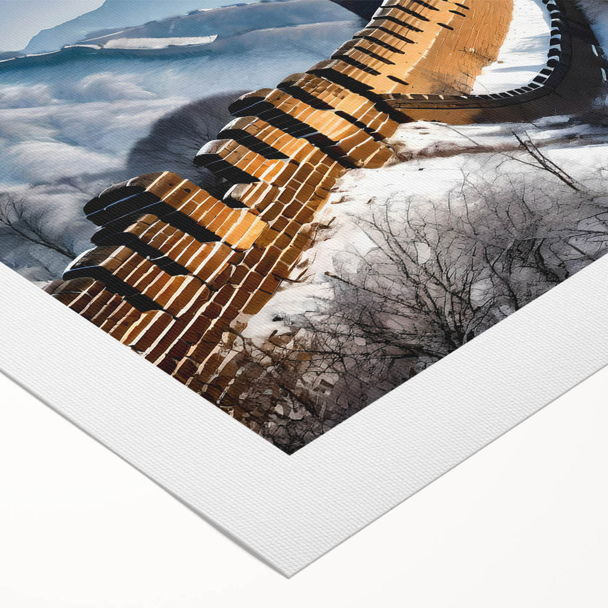 Art deco poster of the Great Wall of China in muted earth tones on rolled canvas, suitable for dining room decor.