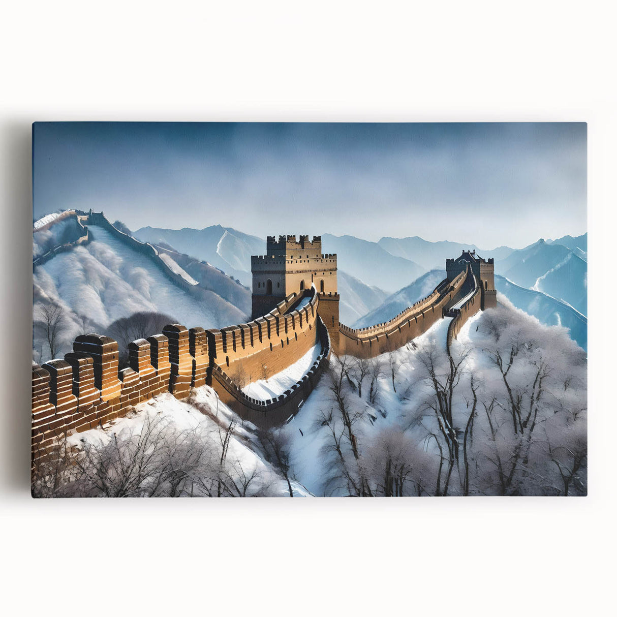 Black and white large art print of the Great Wall of China on stretched canvas, ideal for kitchen wall art or bedroom decor.