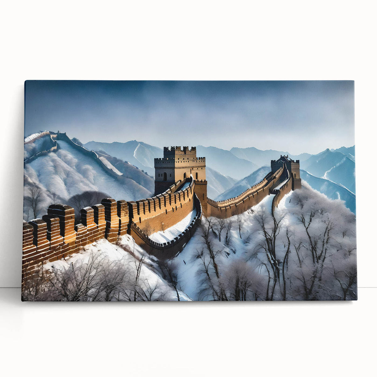 Black and white photograph of the Great Wall of China on stretched canvas, ideal for kitchen wall art.