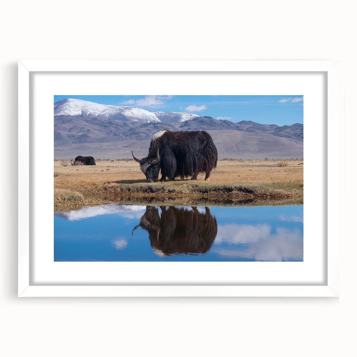 Abstract art print depicting a serene Tibetan landscape in muted earth tones on a framed canvas, ideal for dining room decor.