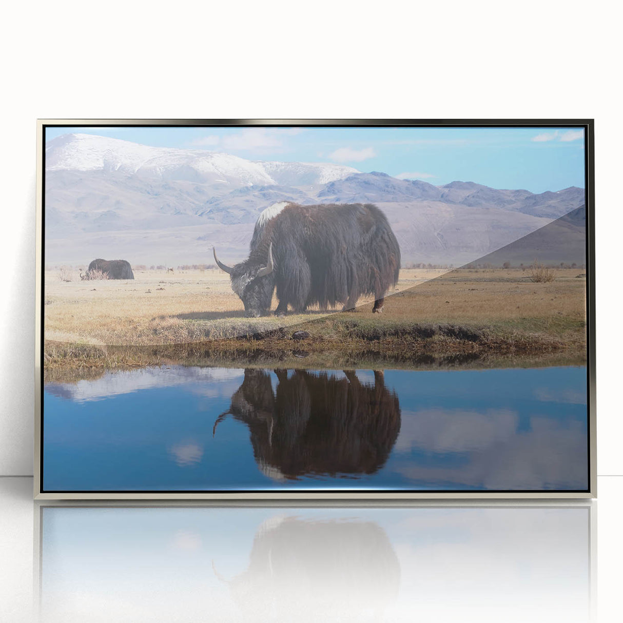 Mid-century modernist art depicting a Tibetan landscape in muted earth tones on a framed acrylic print.